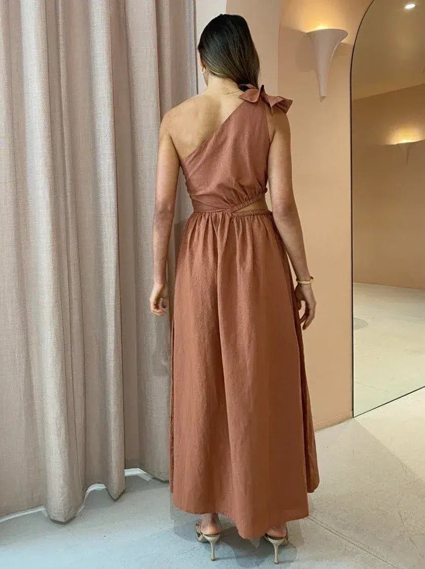 By Nicola Gabriella One Shoulder Midi Dress Desert Brown Size 6 photo 3
