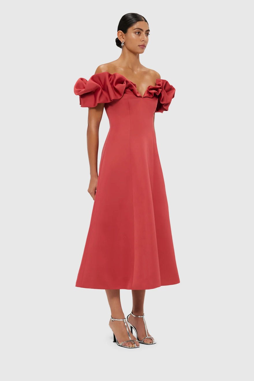 Leo Lin Annie Off Shoulder Frill Midi Dress - Mulberry photo 2