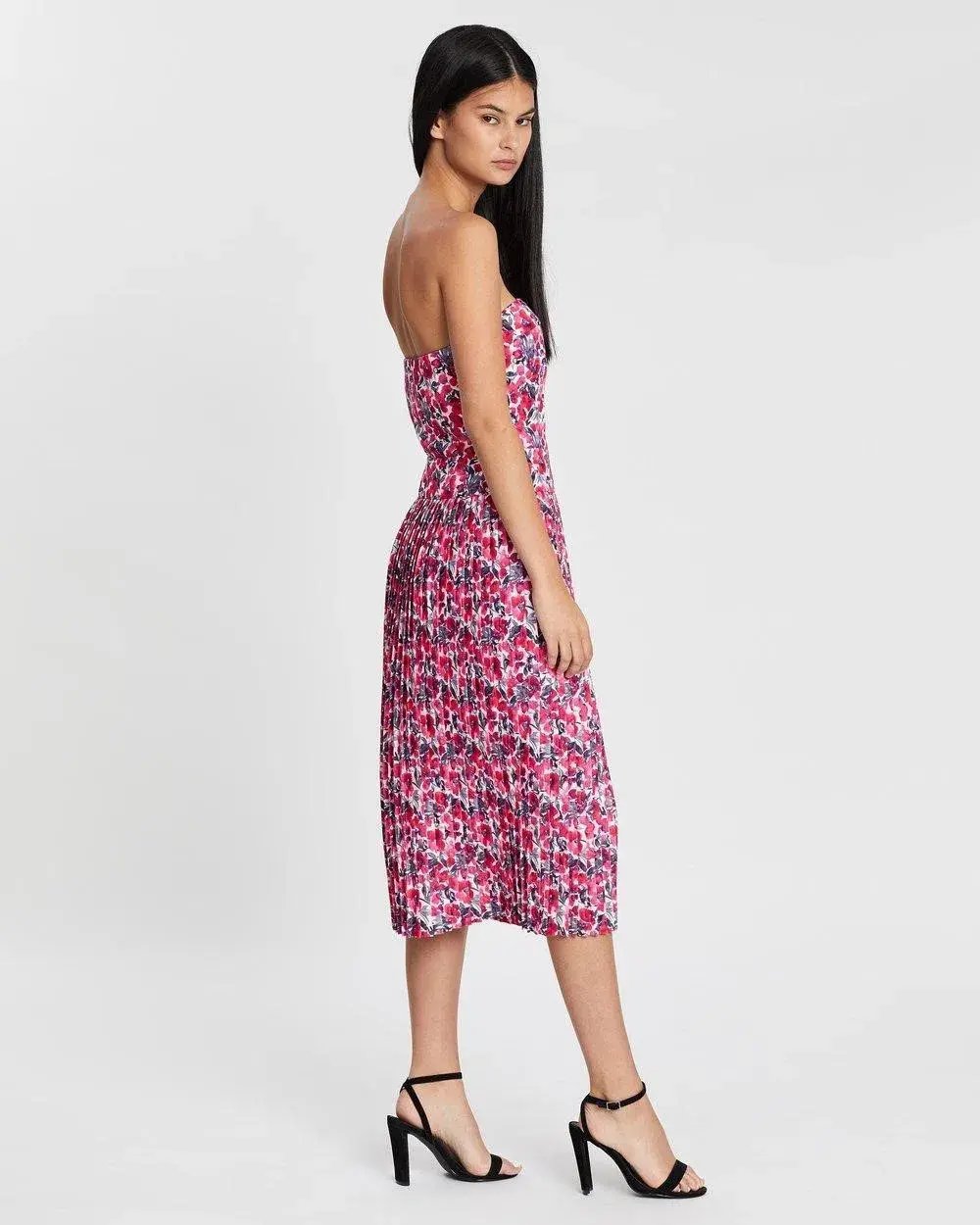 By Johnny Strapless Pleat Midi Dress Floral Size 10 photo 2
