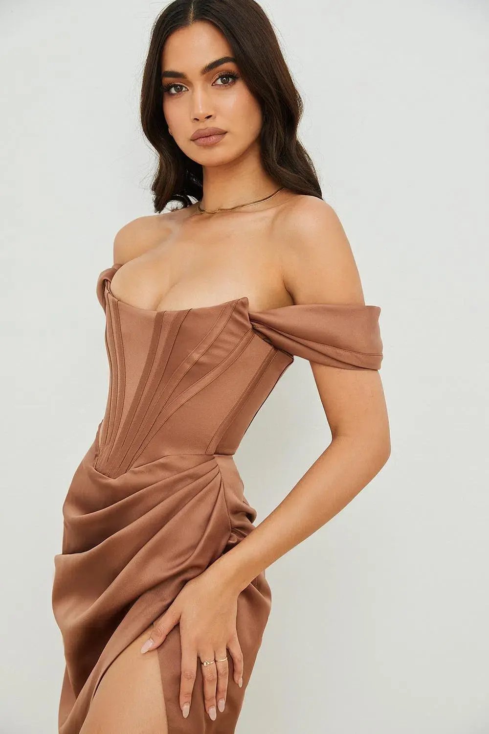 House of CB Loretta Satin Off Shoulder Midi Dress Brown Size XS / Au 6 photo 2
