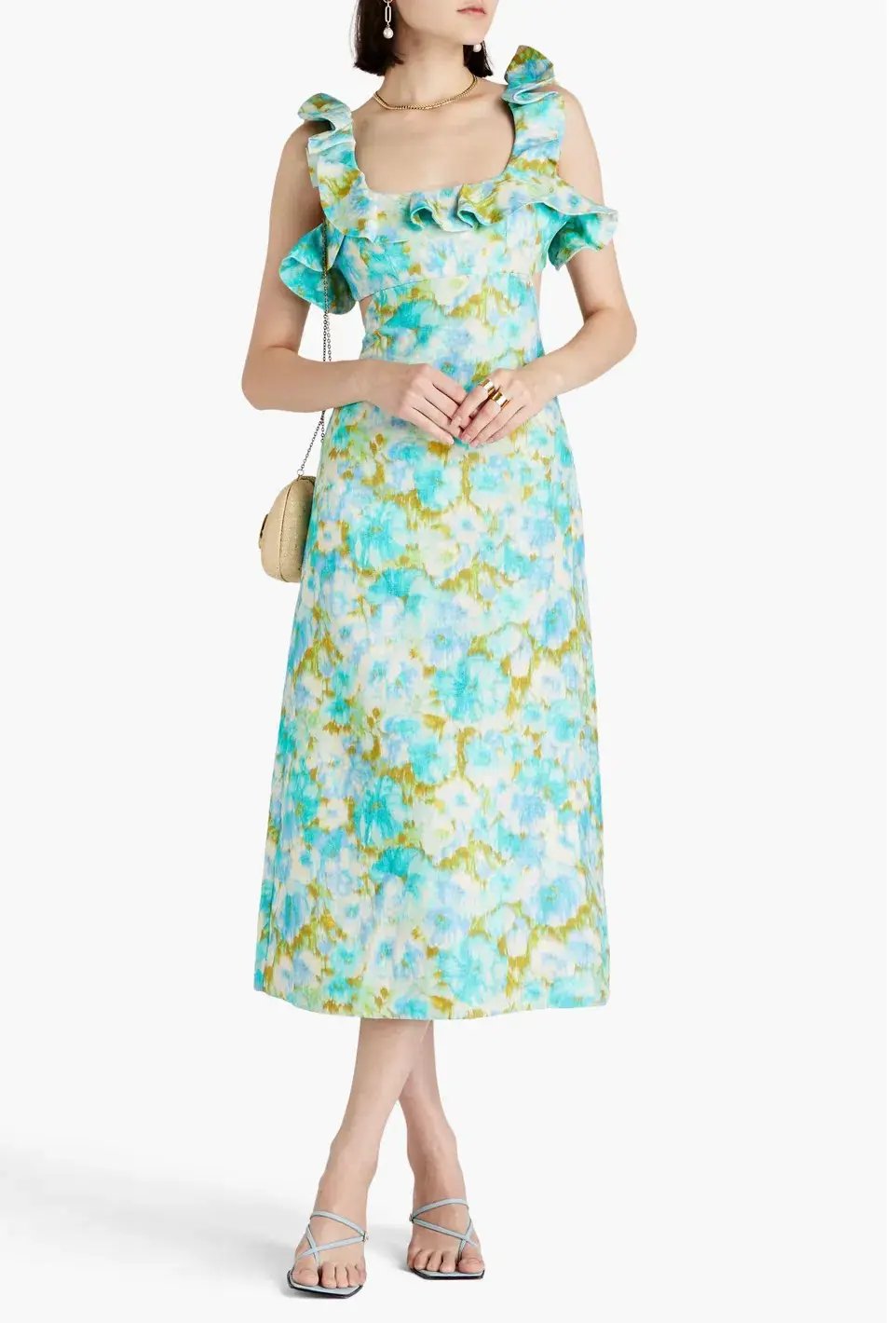 Zimmermann High Tide Ruffle Midi Dress Aqua Ikat Floral Size 1 / AU 10 photo 6