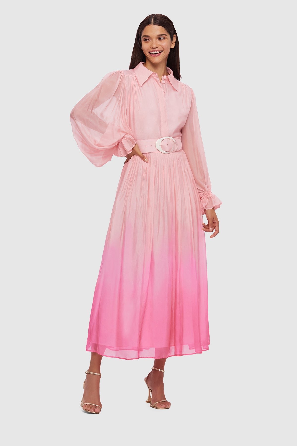 LEO LIN CASSIE TIE NECK MIDI DRESS - OMBRE PINK photo 2