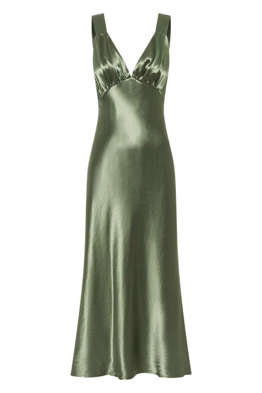 Third Form Satin Gather Bra Bias Slip Dress - Olive photo 2