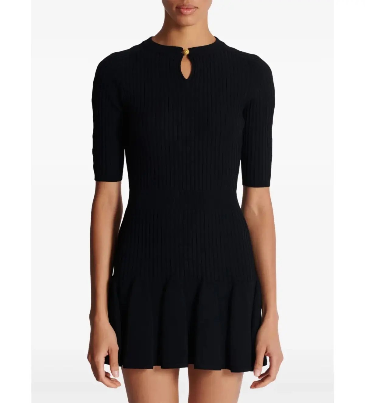 Balmain Round Neck Pleated Ribbed-Knit Skater Mini Dress Black Size AU 10 photo 3