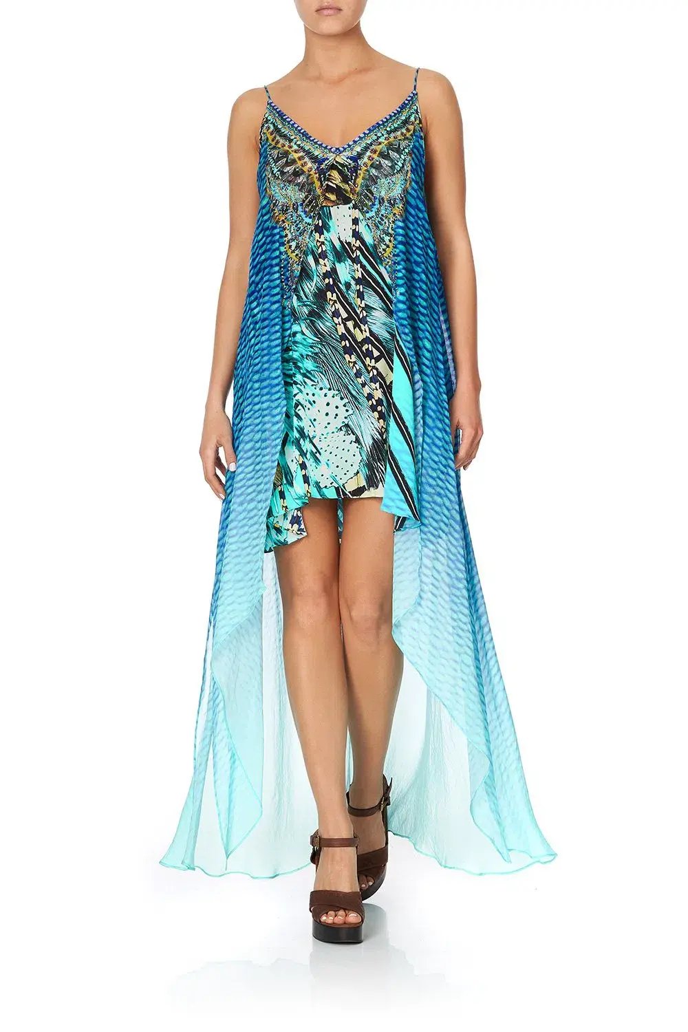 Camilla Flared Mini Dress With Sheer Overlay in Marine Queen Size 6 photo 2