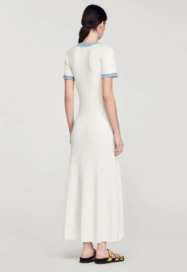 Sandro Knit and Denim Midi Dress White Size 8 photo 4