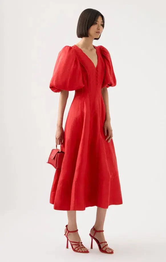 Aje Dusk Puff Sleeve Midi Dress Red Size 12 / L photo 2