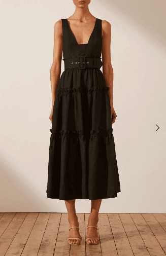 NICOLETTE LINEN TIERED MIDI DRESS - BLACK photo 4