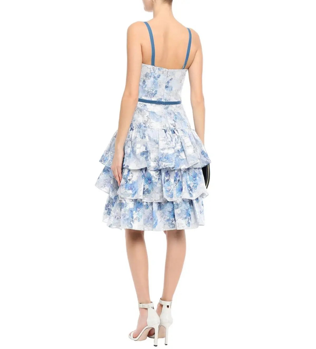 Marchesa Notte Tiered Velvet-Trimmed Fil Coupé Organza Dress in Sky Blue Size 10 photo 2