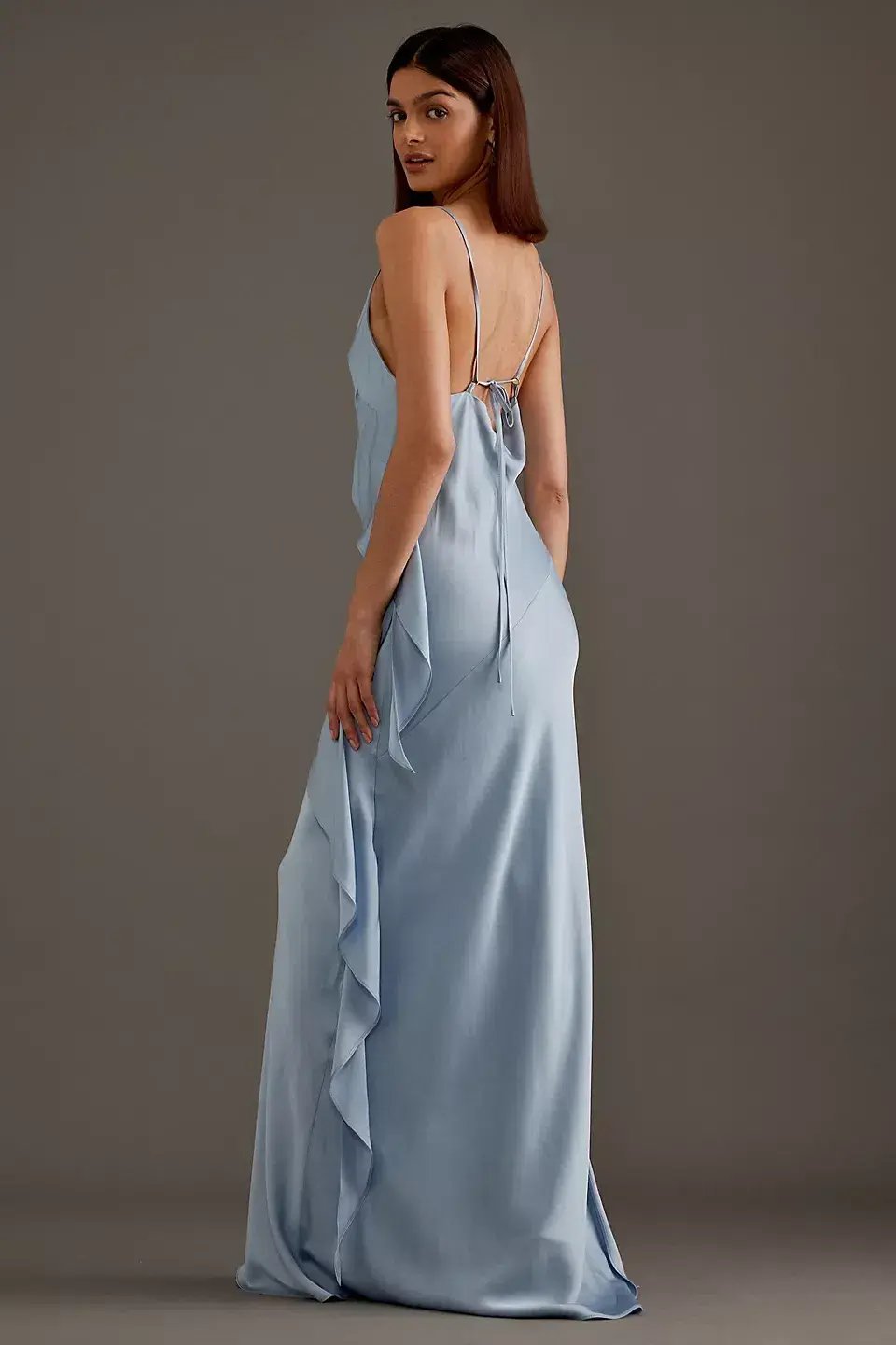 Anthropologie Asymmetric Ruffle Maxi Slip Dress Blue Size 10 photo 3