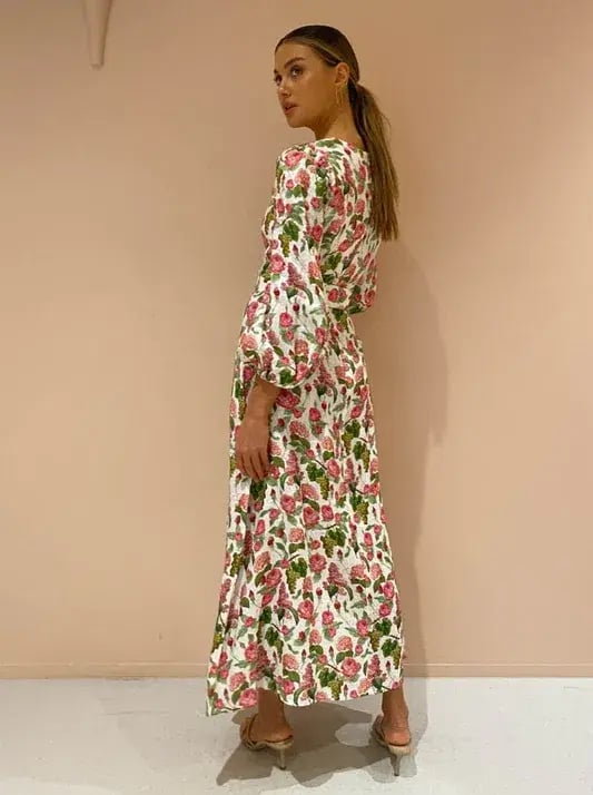 Palm Noosa Melrose Linen Long Sleeve Dress Pink Blooms Print Size 14 photo 3