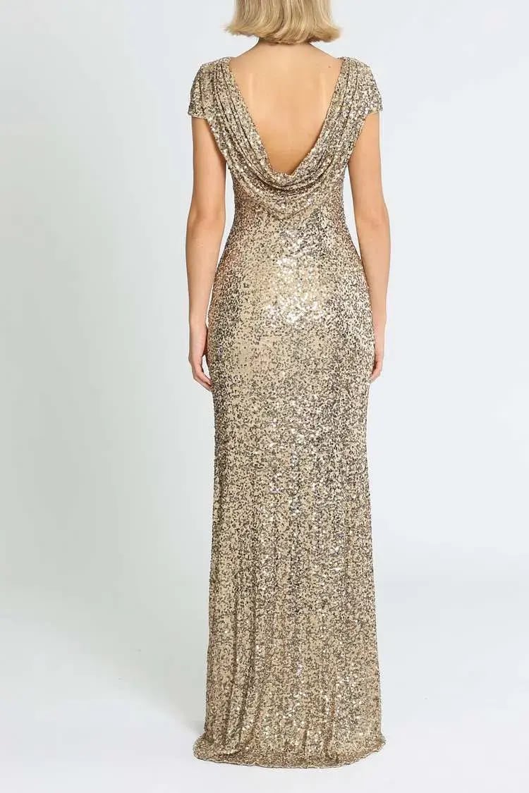 Badgley Mischka Sequin Cowl Back Gown Gold Size 8 photo 3