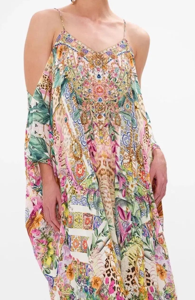 Camilla Shoestring Strap Kaftan Flowers Of Neptune One Size Silk Dress photo 3