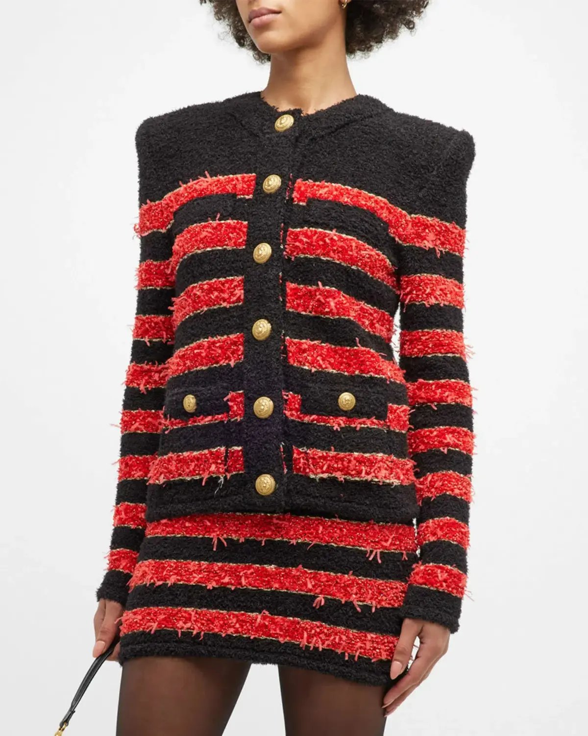 Balmain Collarless 4-Pocket Metallic Striped Tweed Jacket Multi Size 8 photo 2