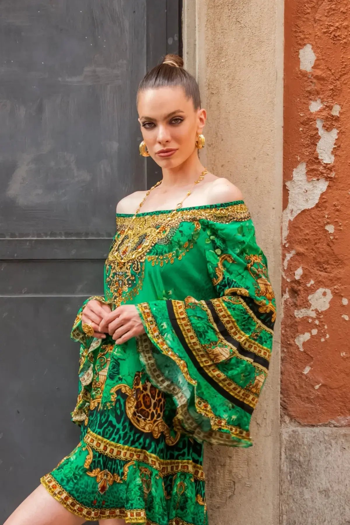 Czarina Emerald Leopardess Frill Dress Mini Green Leopard Print Size L / AU 14 photo 3