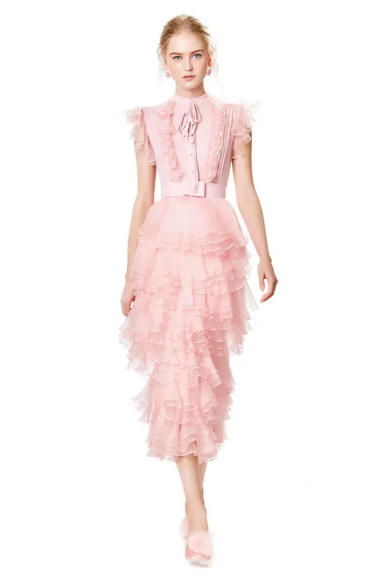 Ivan Young Silk Ruffles Tiered Midi Dress Pink Size 8 photo 4