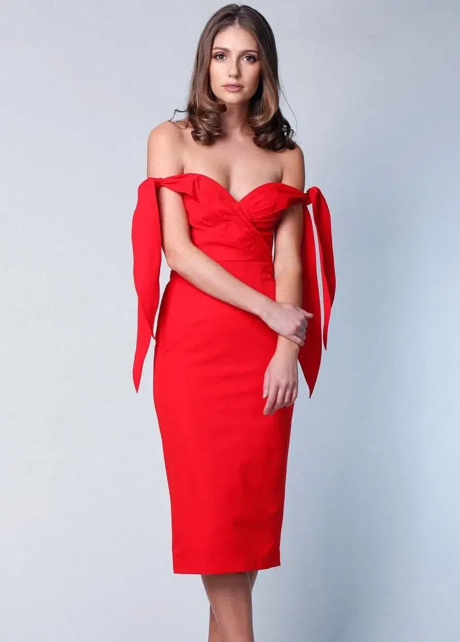Elle Zeitoune Off The Shoulder Midi Dress  Red Size 10 photo 2