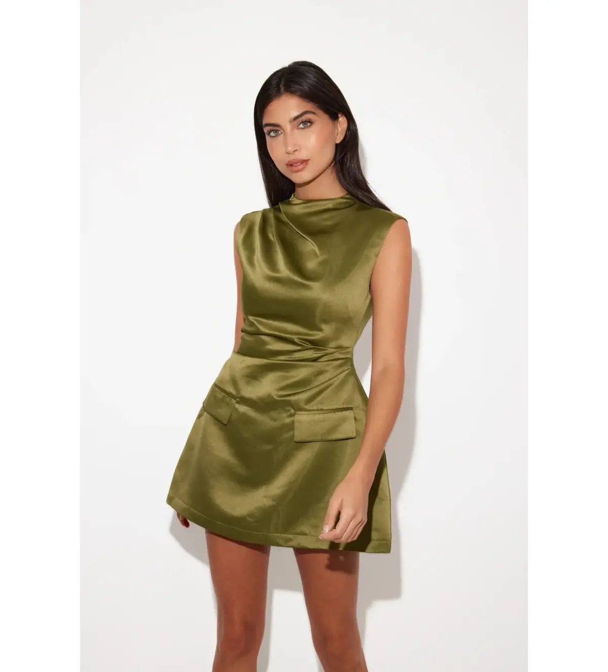 Odd Muse The Ultimate Satin Straight Neck Mini Dress in Olive Size AU 12 photo 2