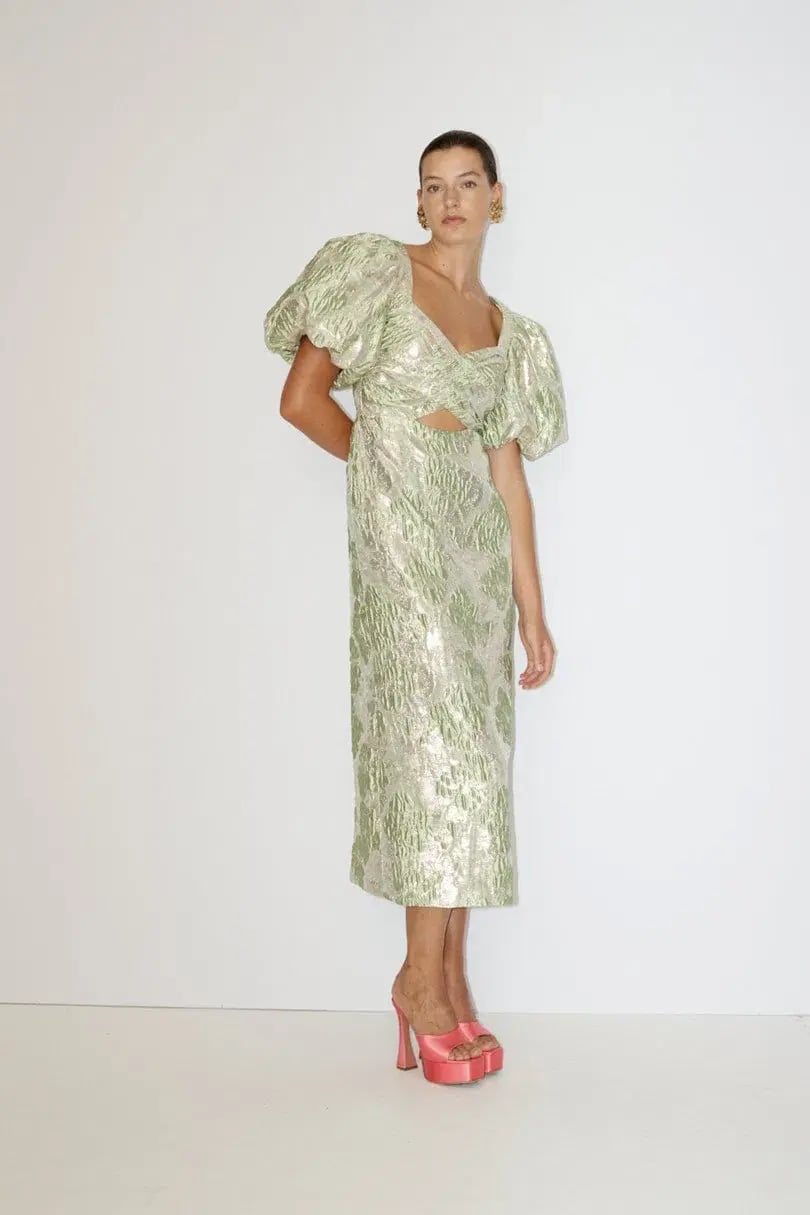 Alemais Mira Puff Sleeve Midi Dress Green Silver Size 14 photo 2