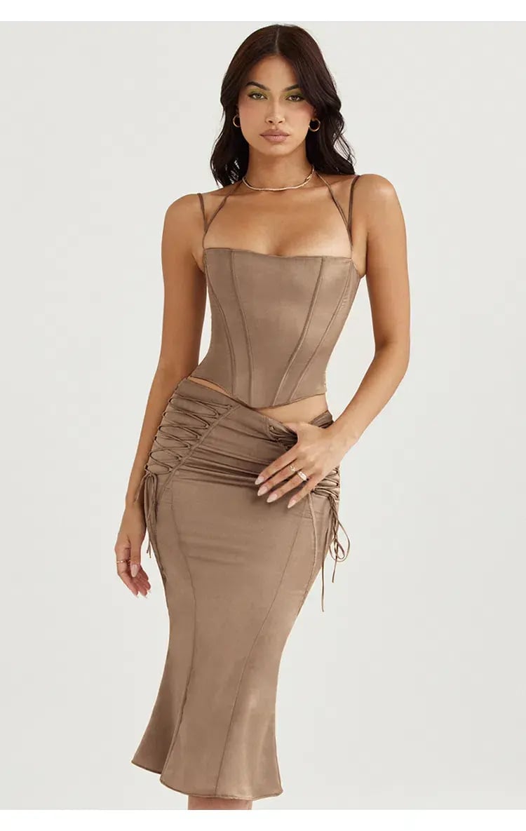 House of CB Chantelle Satin Corset & Sidonie Satin Lace Up Midi Skirt Set in Latte Size XL / AU 14 photo 6