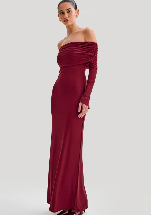 Meshki Josie Off Shoulder Mesh Dress Burgundy photo 2
