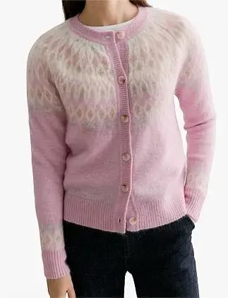 Trenery Fair Isle Jacquard Crew Cardigan in Pink Size L/14 photo 4