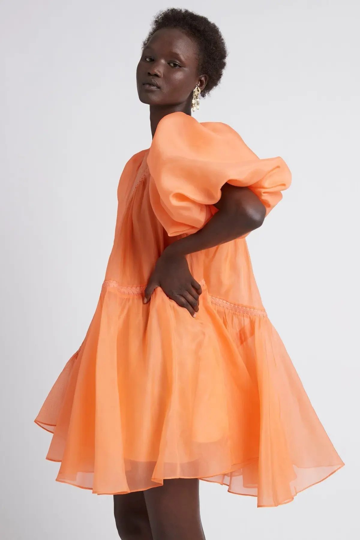 Aje Riviera Asymmetric Braided Puff Sleeve Smock Dress Mandarin Orange Size 6 photo 3