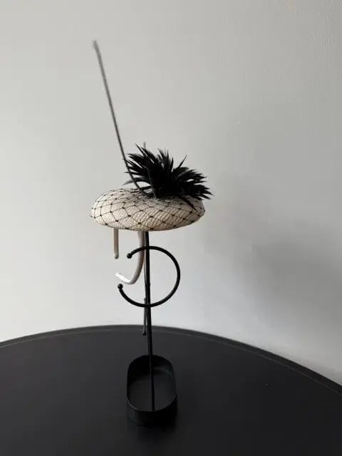 Olga Berg Small Raffia Beret Fascinator Black and White photo 2
