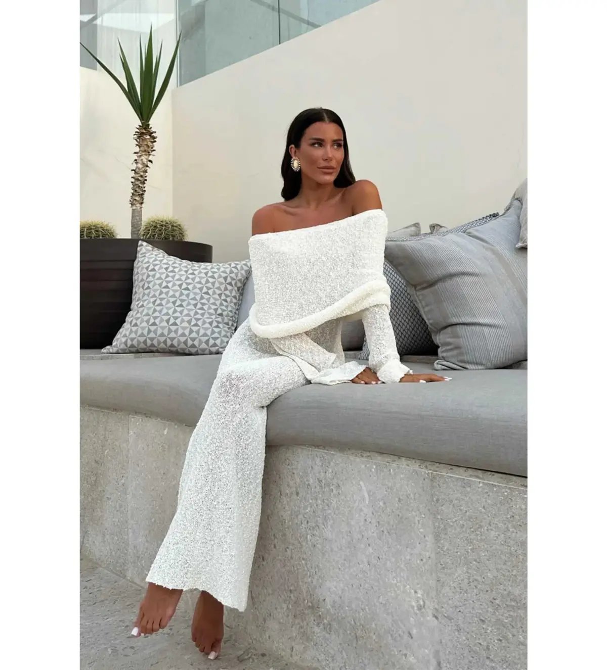 MESHKI Marisol Off Shoulder Boucle Maxi Dress Ivory Size M AU 10 photo 7