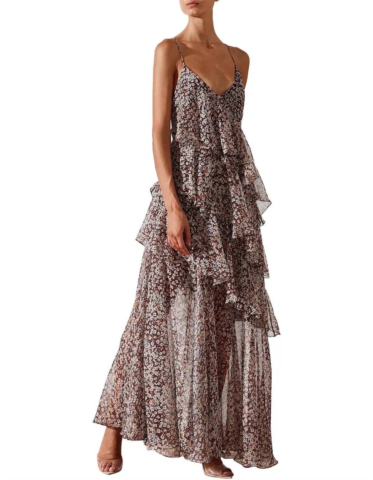 Shona Joy Garner Cross Back Tiered Maxi Dress  Retro Ditsy Floral Print In Chocolate Size 6 photo 2