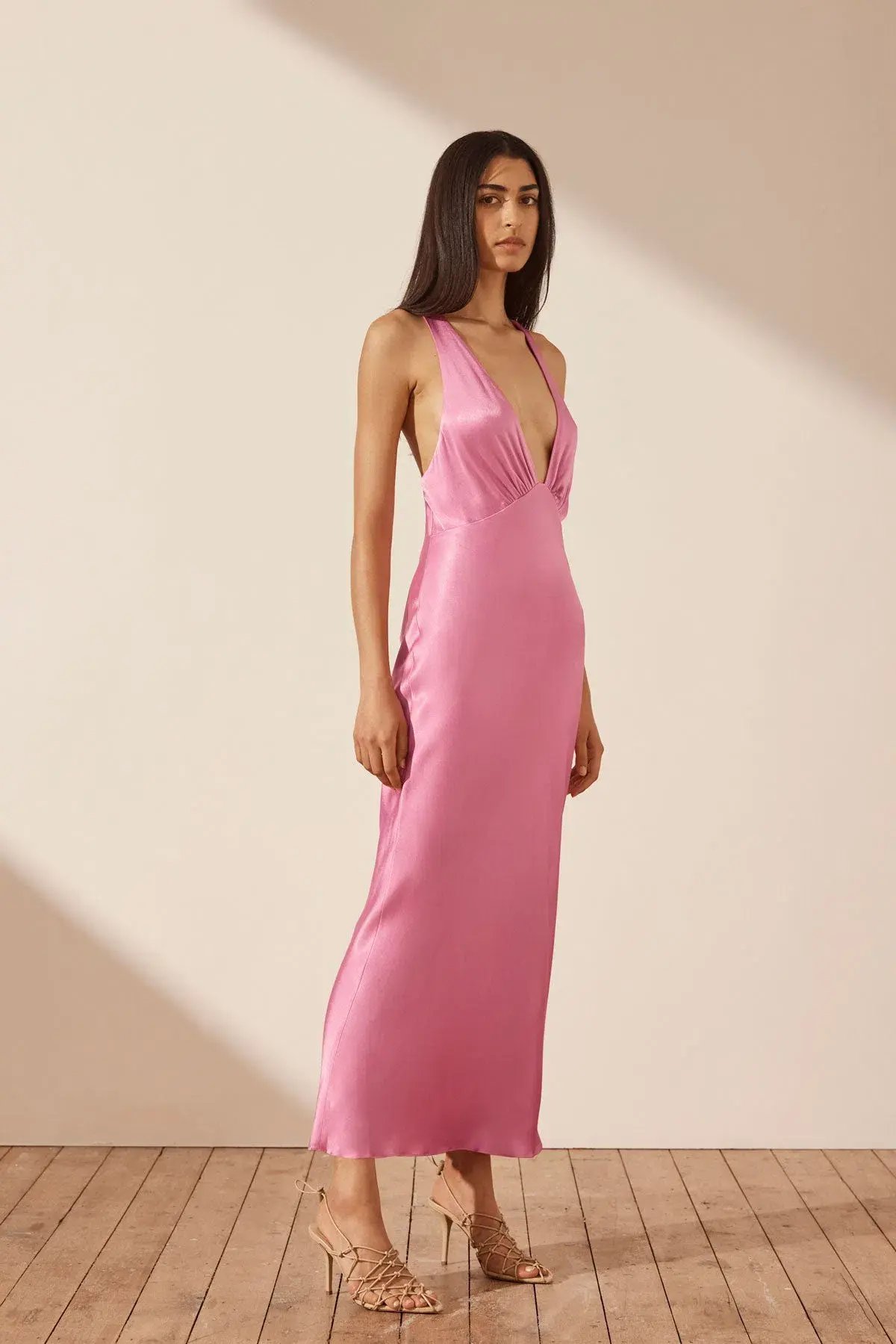 Shona Joy Arienzo Plunged Cross Back Midi Dress Ibis Rose Pink Size 4 photo 2