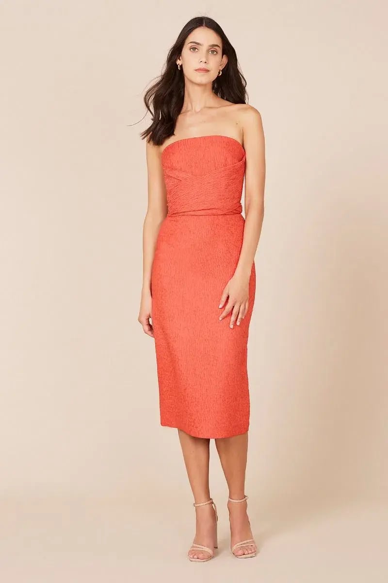 Rebecca Vallance Francesca Tie Midi Dress Coral Strapless Bow Crepe Size 12 photo 2