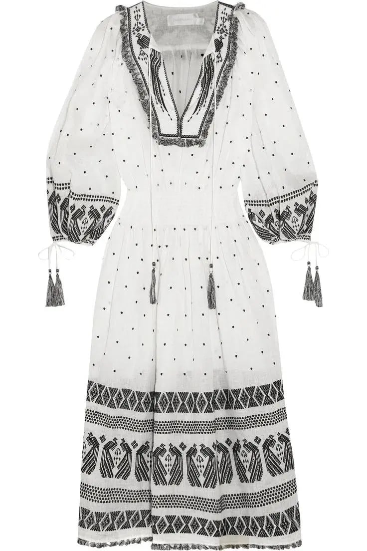 Zimmermann Divinity Midi Embroidered Linen Dress White/Black Size 0 / 8 AU photo 9