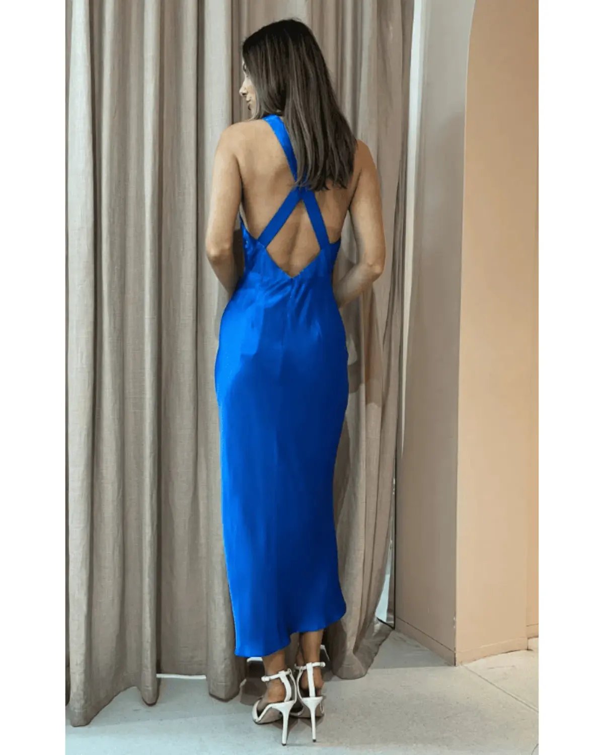 Shona Joy Oliviera Plunged Cross Back Midi Dress Blue Size AU 8 photo 3
