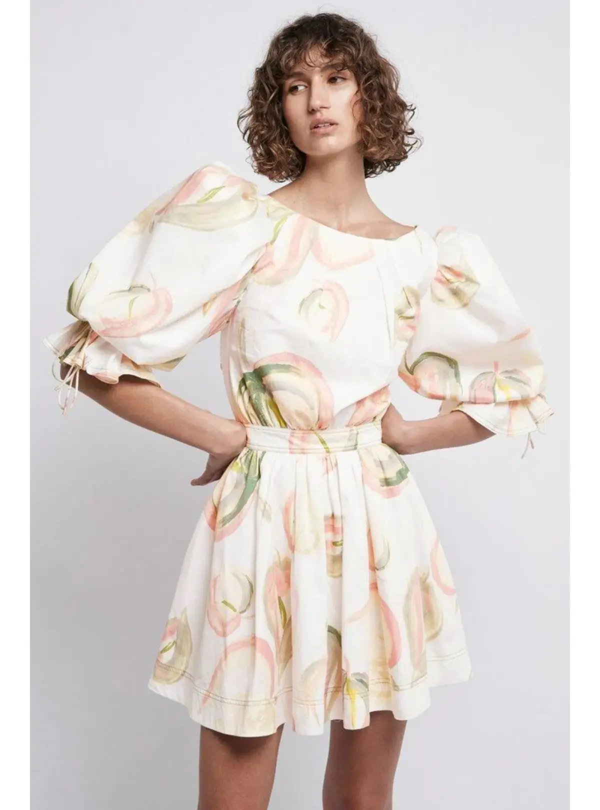Aje Imprint Cotton Puff Sleeve Mini Dress In Painterly Laceleaf Size AU 6 photo 2
