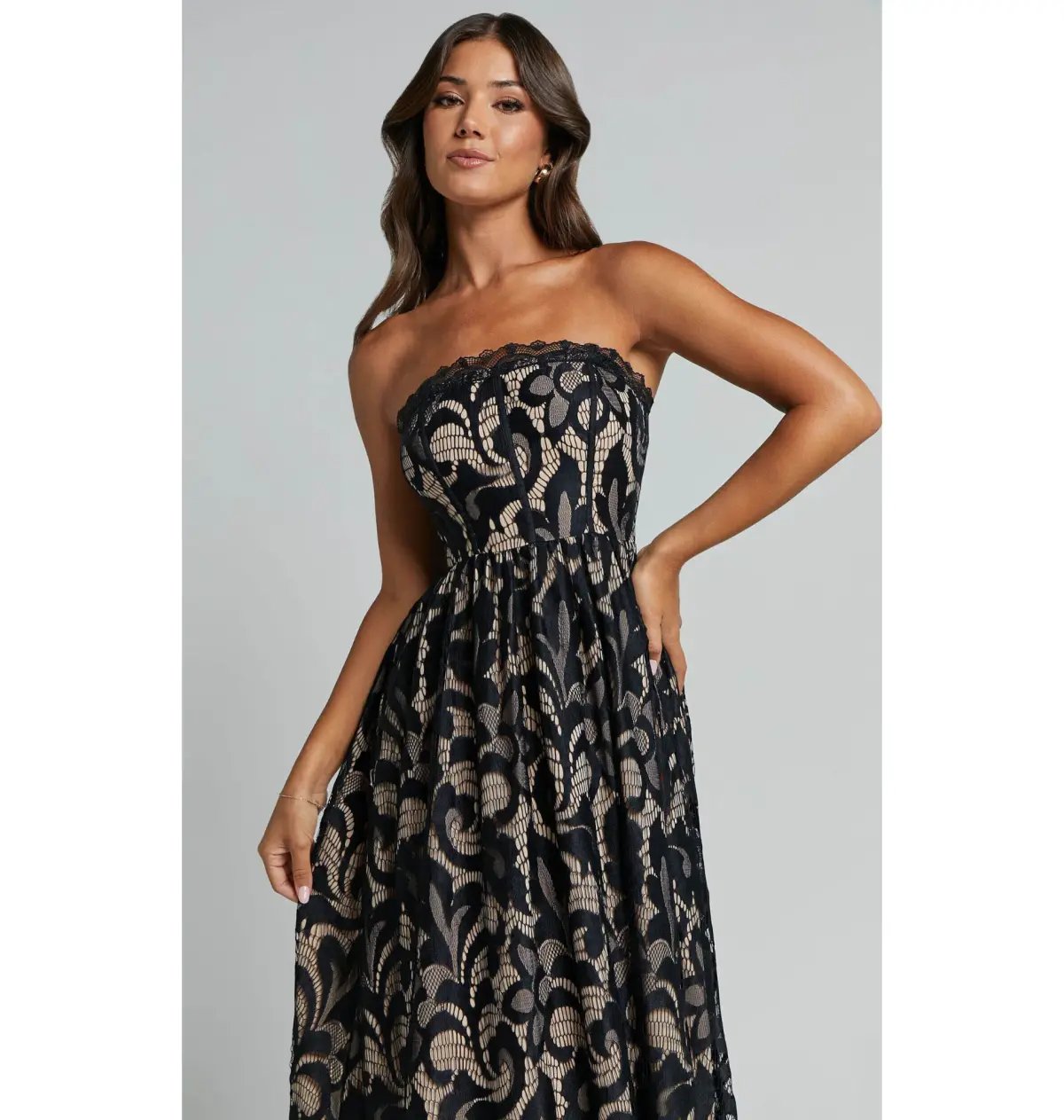 Sheike Madeleine Strapless Lace Scallop Hem Midi Dress in Black Size AU 8 photo 2