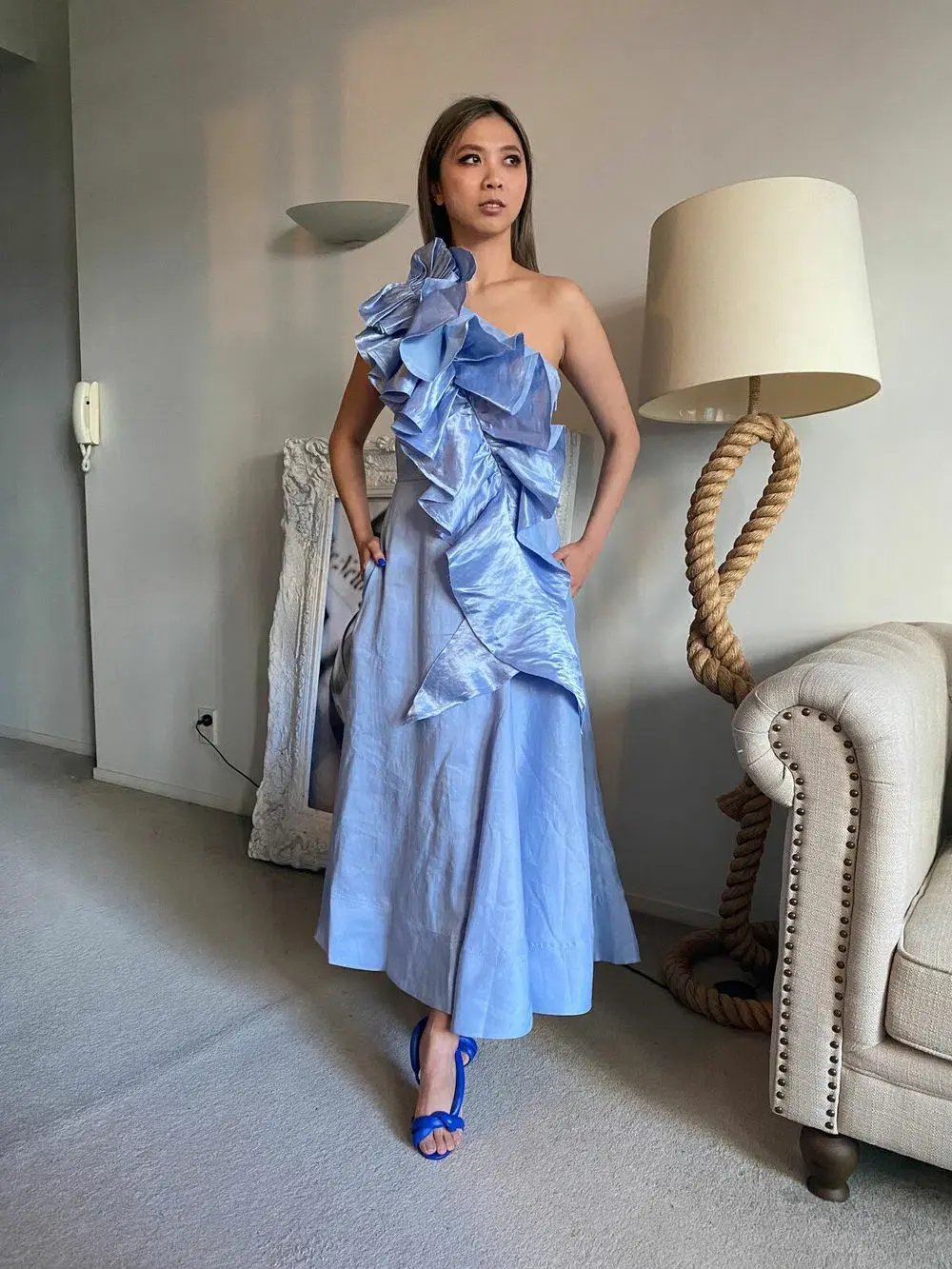 Aje Adelia Ruffle Midi Dress in Sky Blue Size AU 8 photo 7