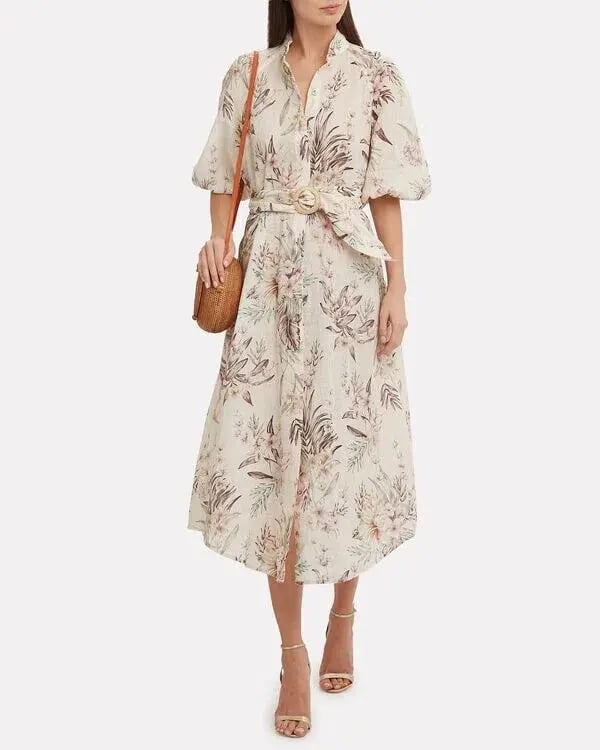 Zimmermann Wayfarer Puff Sleeve Linen Day Tea Shirt Dress Cream Floral Size 2 / AU 12 photo 2
