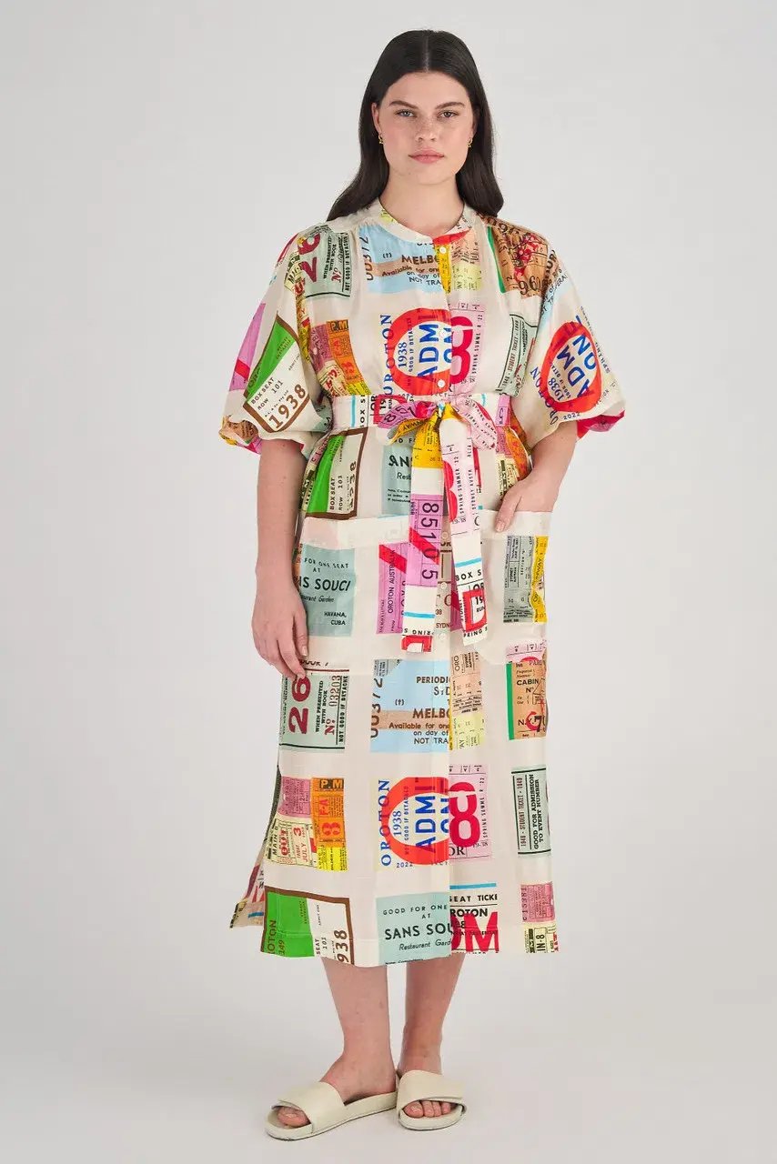Oroton Ticket Print Shirt Midi Dress Multi Print Size 16 photo 5