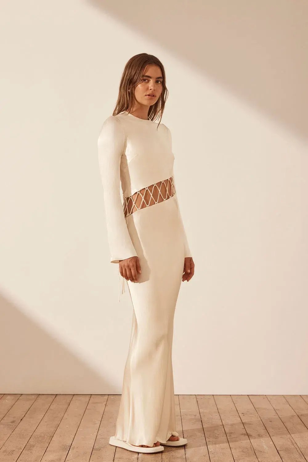 Shona Joy Arienzo Asymmetrical Lace Up Maxi Dress In Cream Size 6 photo 6
