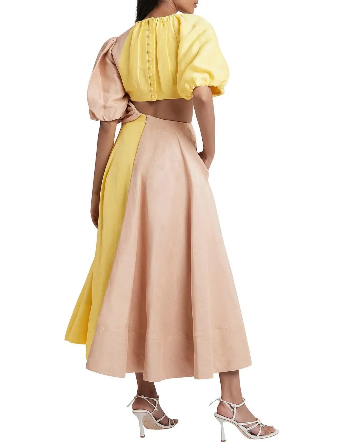 Aje Caliente Two Tone Puff Sleeve Midi Dress Daisy Yellow/Coast Beige Size 8 photo 3