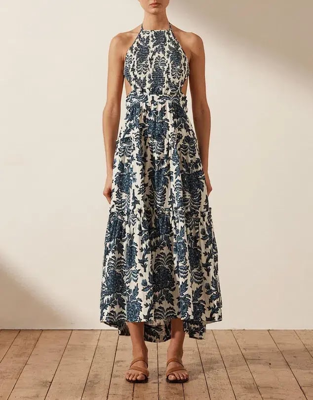 Shona Joy Diana Shirred Backless Midi Dress Print Size 10 photo 3