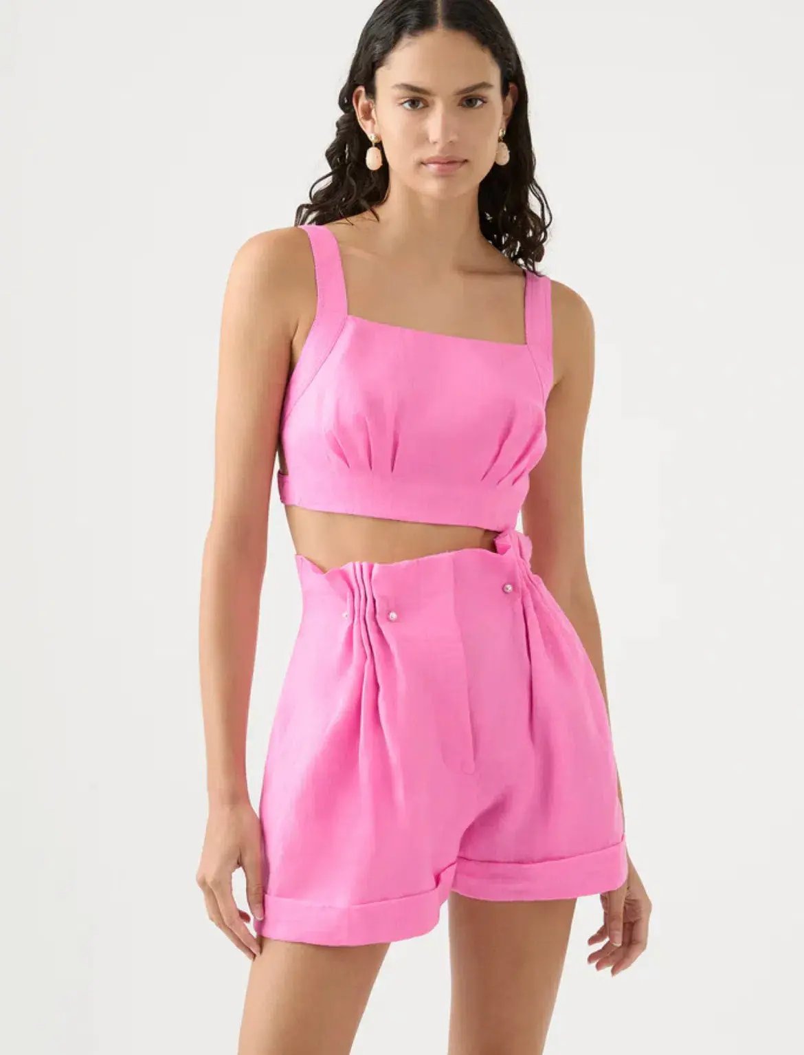 Aje Paper Bag Shorts & Tie Back Top Two Piece Set in Pink Size 6 photo 2