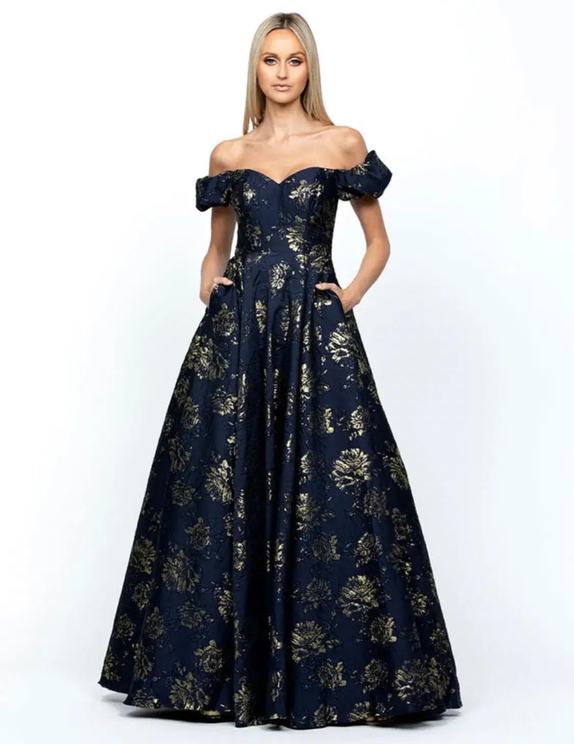 Bariano Sandy Sweetheart Off Shoulder Gown Navy/Gold Size 16 photo 4