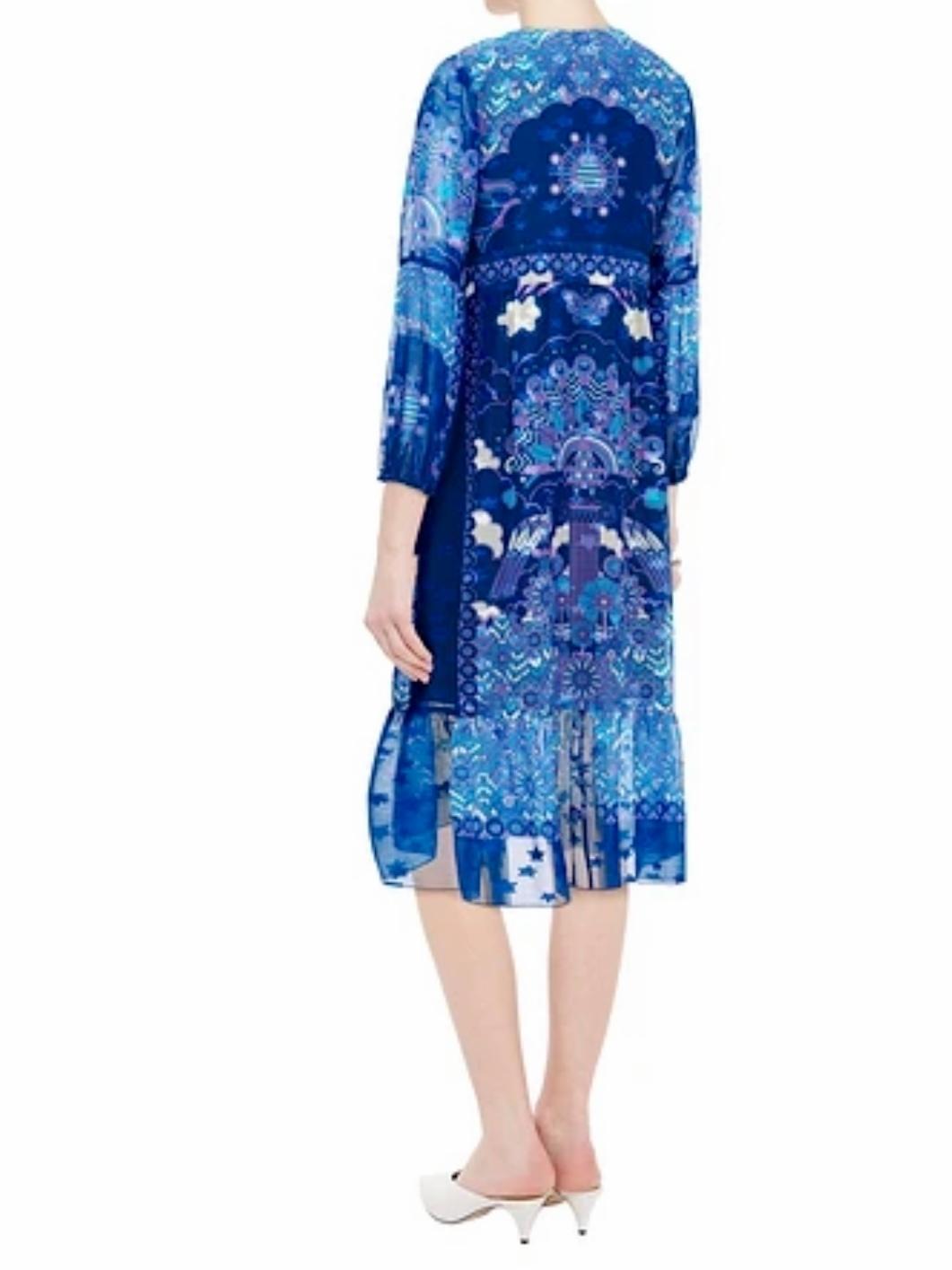 Anna Sui Ruched Printed Silk Chiffon Midi Dress Blue Size US 6 (UK 10) photo 2