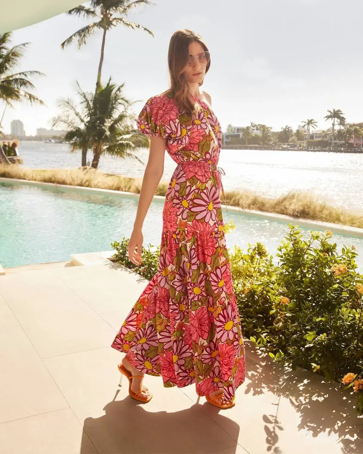 S/W/F Frida One Shoulder Puff Sleeve Maxi Dress Floral Pink Size L / Au 14 photo 3