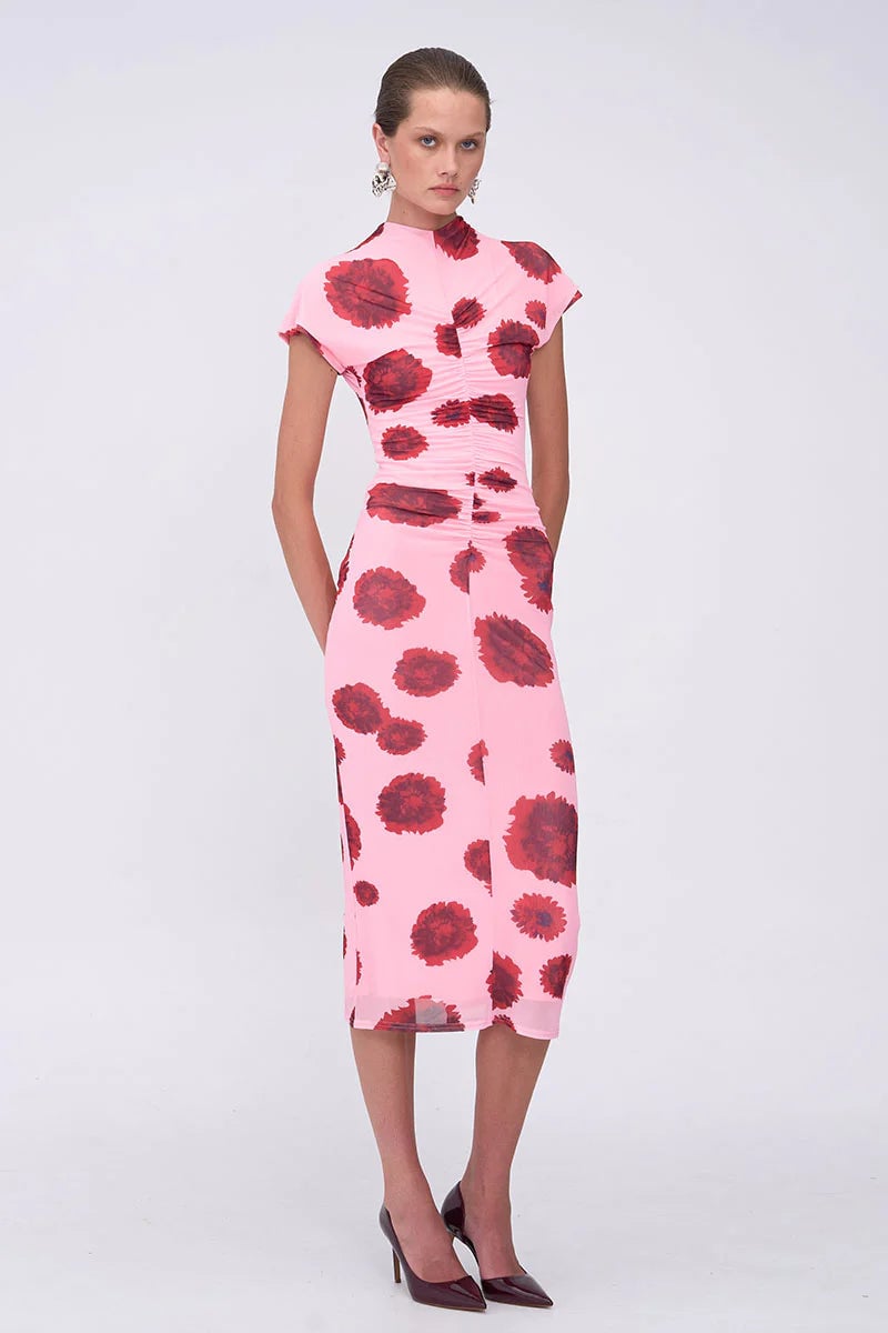 SUBOO LUCA MESH RUCHED FRONT MIDI DRESS - PINK RED photo 2