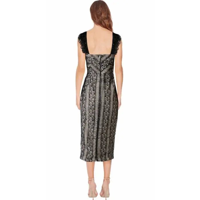 Rebecca Vallance Lou Lou Ruffle Pencil Midi Dress Lace Embroidered Black Size AU 8 photo 2