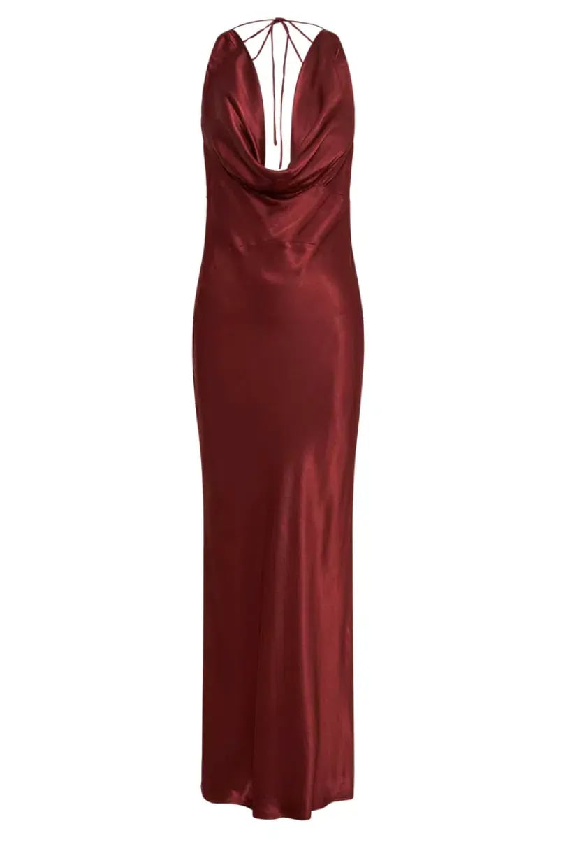 MESHKI Angelique Satin Cowl Back Maxi Dress Berry in Size S / AU 8 photo 7