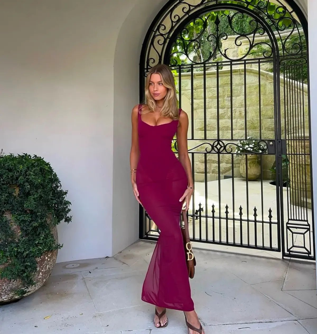 House Of Cb Robina Stretch Mesh Maxi Dress Wine  Size 6 photo 3